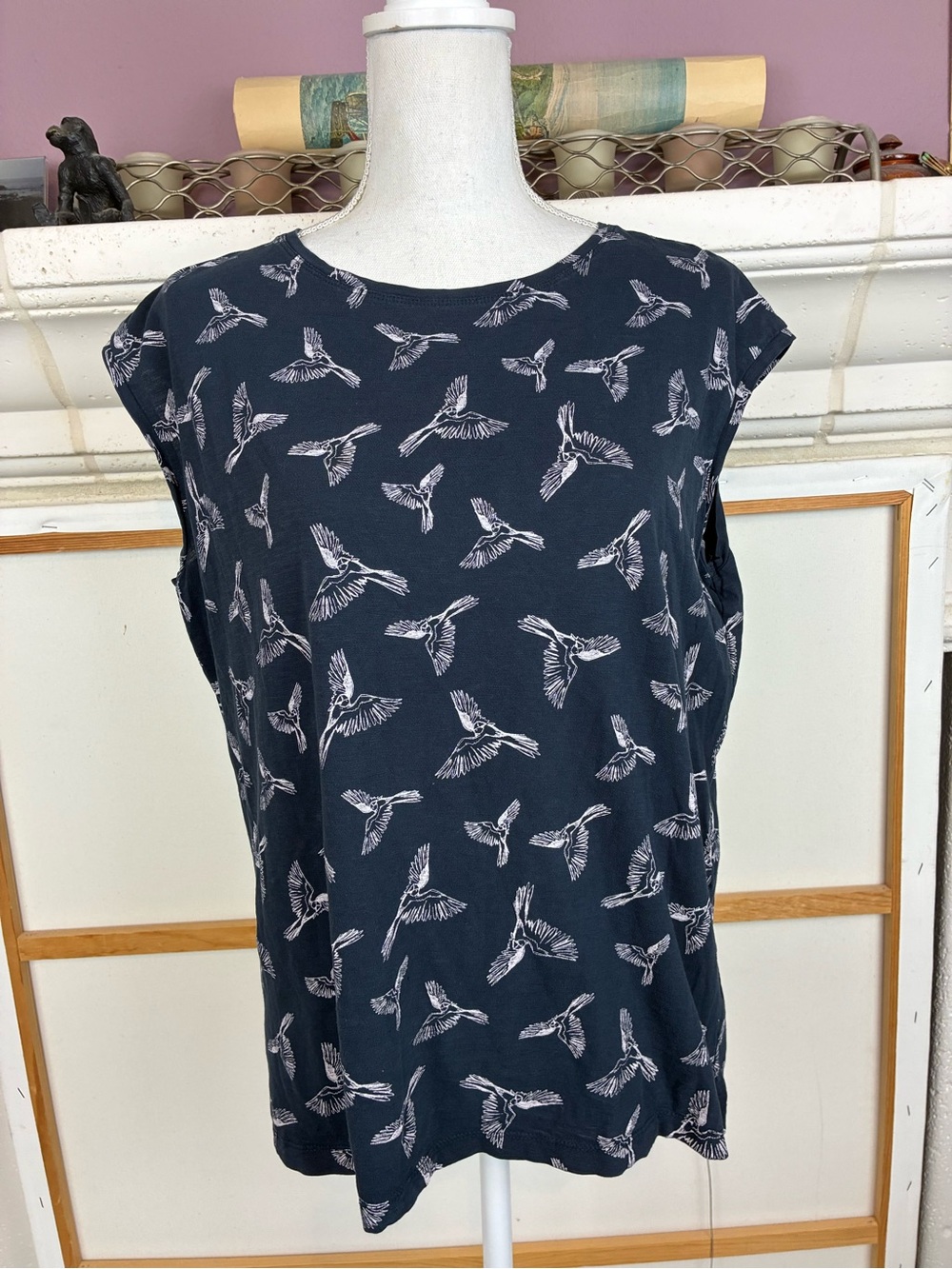 Yessica Navy Cotton Bird-Print Cap Sleeve Top